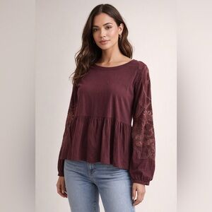 Free People Romantic Boho Y2K Lace Sleeve Blouse XS Burgundy Oversized